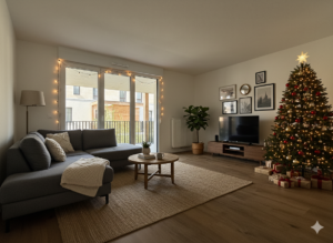 Intérieur d'un appartement de Paulette & Lulu décoré pour les fêtes de fin d'année