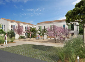 Vue côté placette des maisons neuves Cambium proposées en vente à Breuillet, commune de Royan Atlantique.