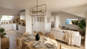 Séjour appartement neuf T3 Cap Ouest Carcans en visite 3D