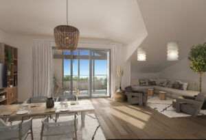 Perspective intérieure d'un appartement de la résidence CAP OUEST à Carcans